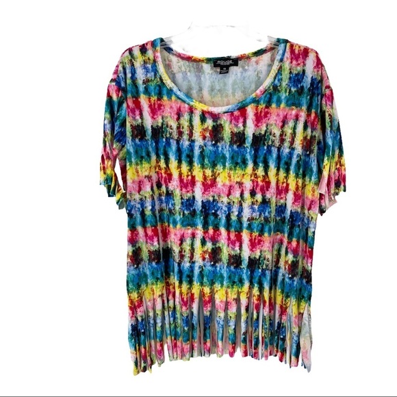 Rouge Collection Rainbow Tie Dye Shirt w/Fringe on Sleeves & Bottom - Sz 4x - Picture 1 of 14